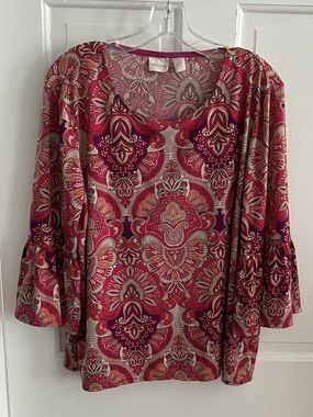 Chico’s size 3 equivalent to XL Paisley Knit top bell sleeves pink tan mul